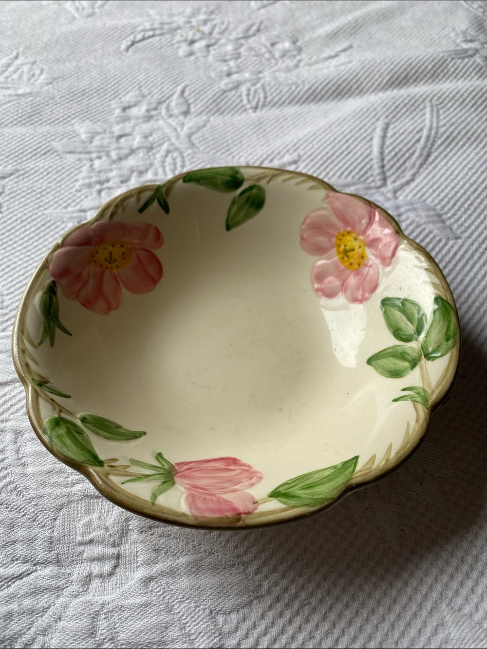 Franciscan Pink Floral Cream Ceramic Serving Bowl with Green Leaves
